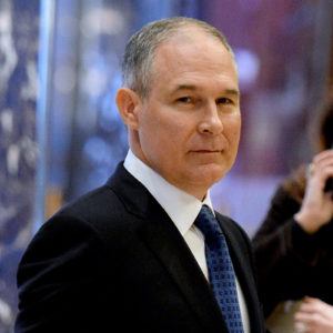 Attorney General Scott Pruitt (Republican of Oklahoma) is seen in the lobby of the Trump Tower in New York, New York, on November 28, 2016.  Credit: Anthony Behar / Pool via CNP /MediaPunch/IPX